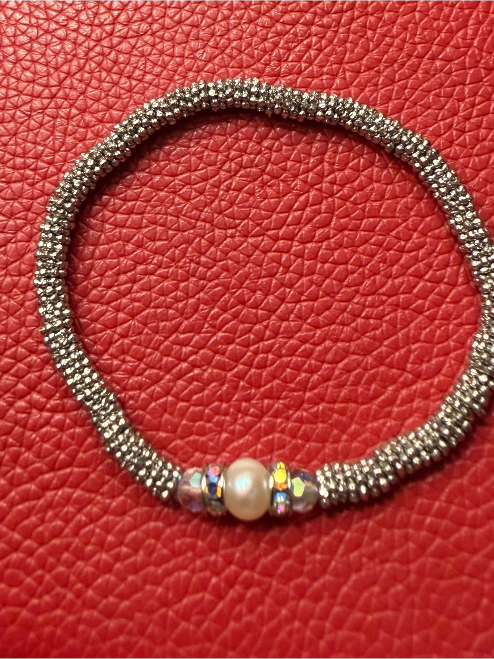 Silver Beaded Stretch Bracelet with Pearl Accent
